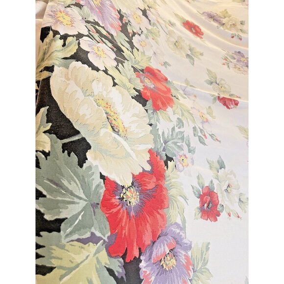 VTG Queen Size Flat Sheet Linen Cotton Black Red Lavender Floral Cottage French - Picture 5 of 11